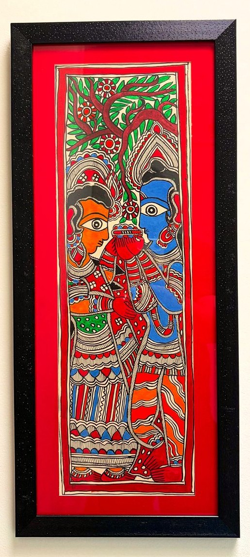 Two figures beneath a flowering tree, painted in red, blue, orange and green