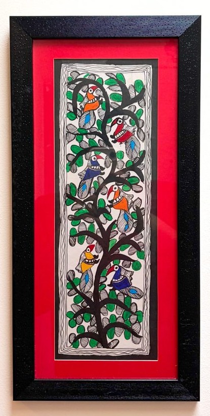 Six colourful birds perched in a black and white flowering tree