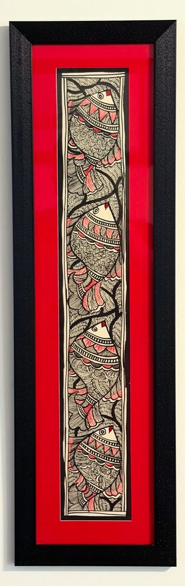 Fine black ink fish pattern with pink accents, stacked vertically